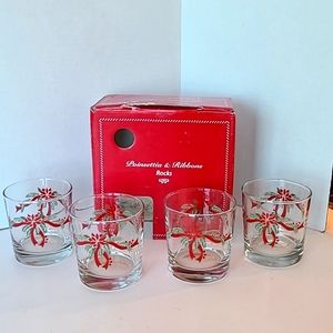 1980's  4 Piece Set Poinsettia & Ribbons Rocks cheer glasses